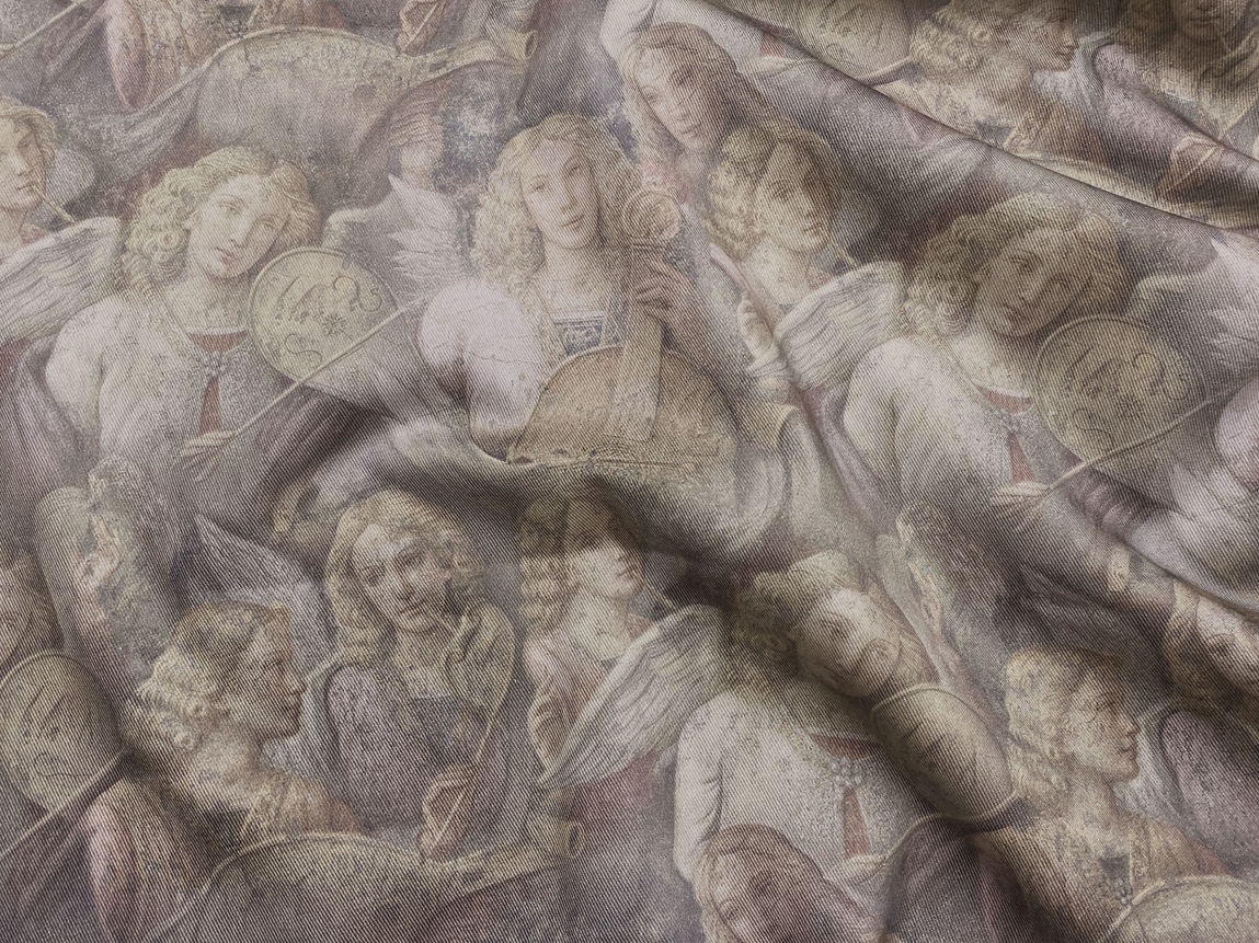 Ткань Джинса  коричневого цвета с принтом  Ангелы музыканты 12717 2