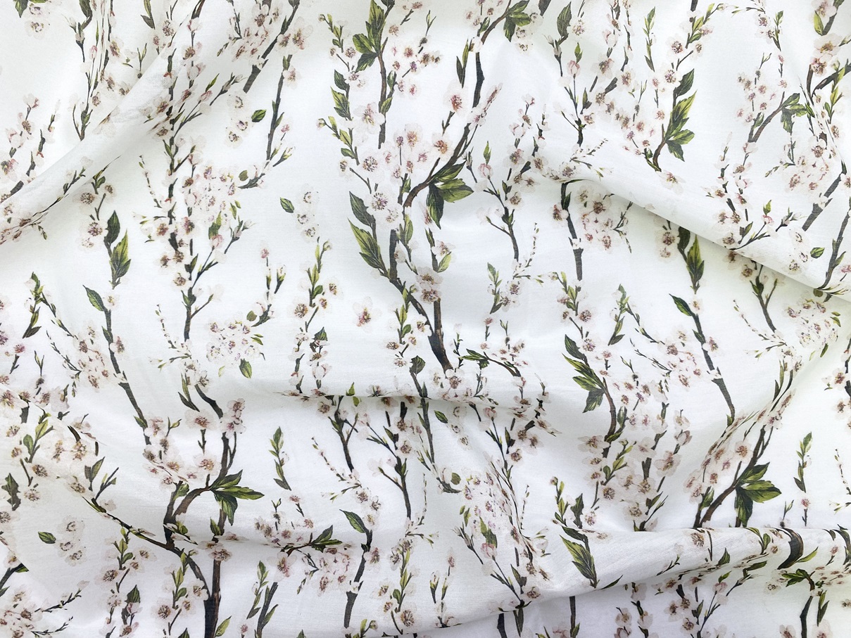 Ткань Муслин белого цвета с принтом  яблоневые  цветы 16737 2