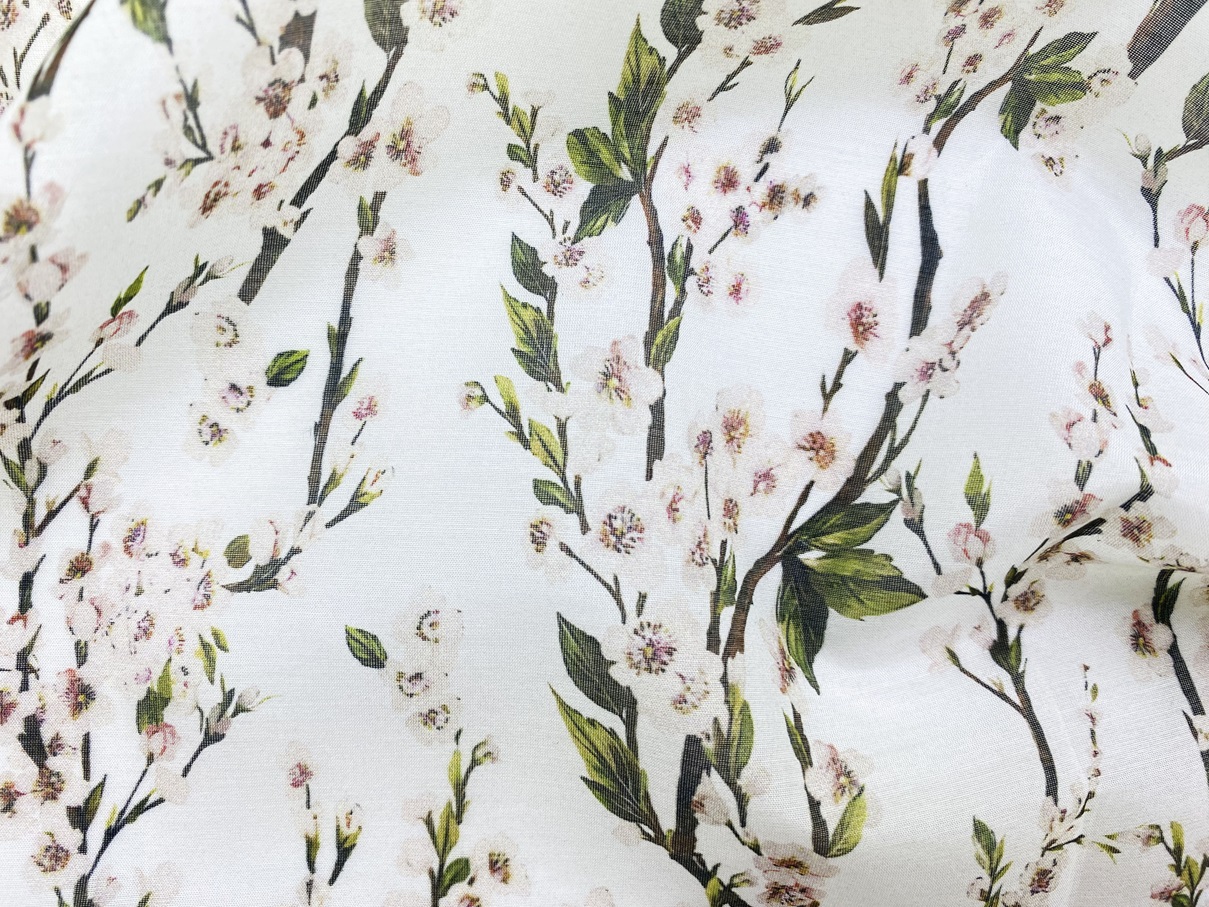 Ткань Муслин белого цвета с принтом  яблоневые  цветы 16737 3