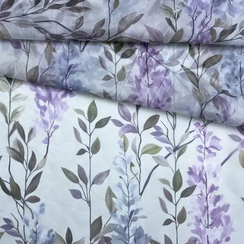Ткань Шифон  светло-оливкового цвета с принтом глицинии 24324